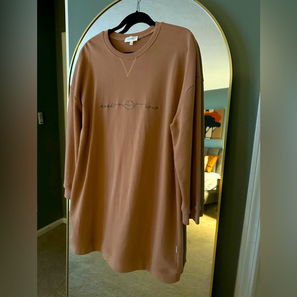 Taupe Long sleeve Sweatshirt Dress embroidered front